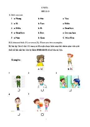 Bài tập Tiếng Anh Lớp 3 - Unit 1 Hello